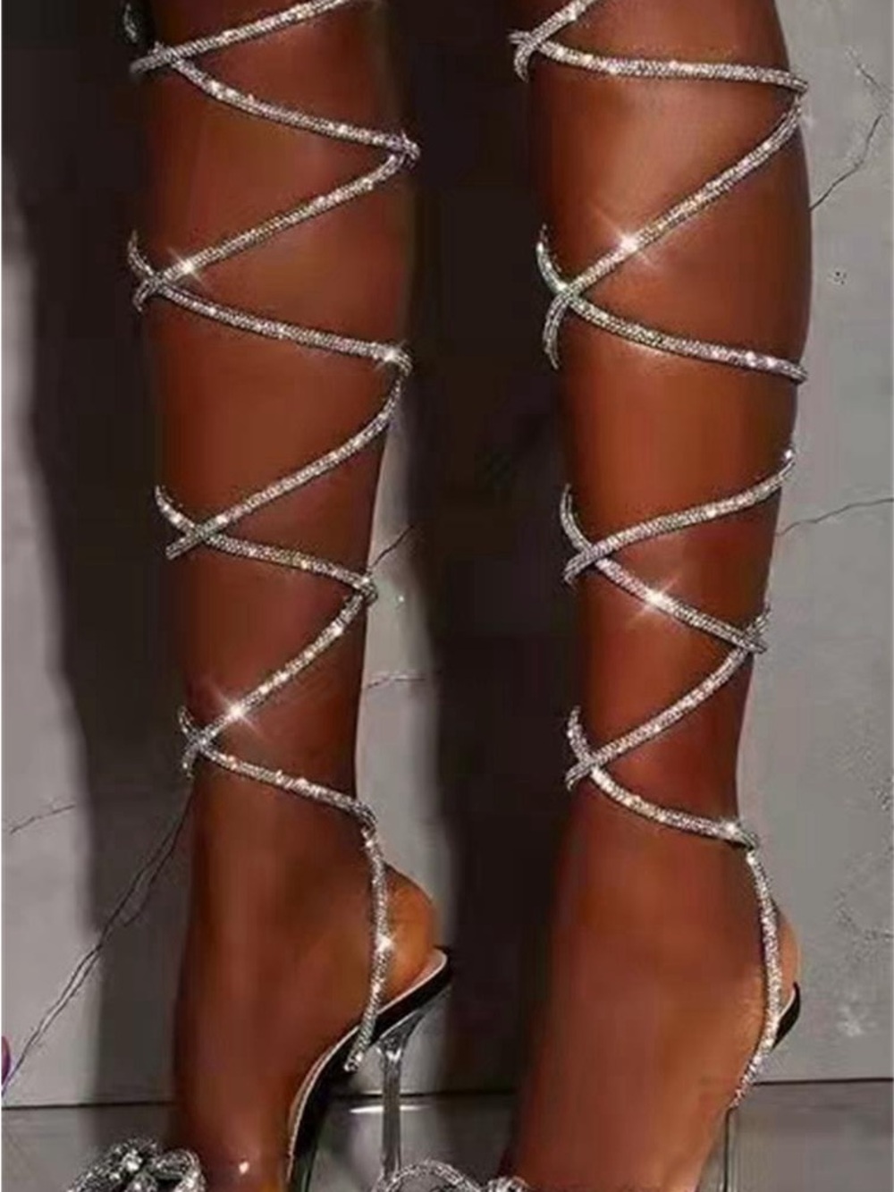 YNS Generic Silver Gladiator Lace-Up Rhinestone Knee-High Sandals - Picture 3 of 4